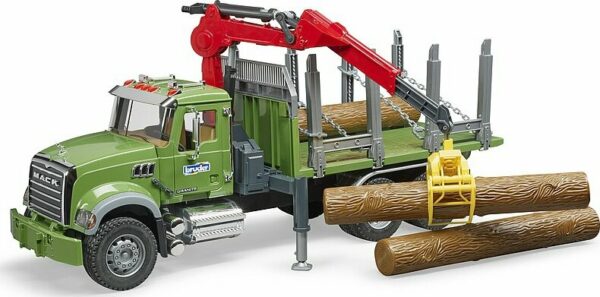 MACK Granite timber truck with loading crane and 3 trunks